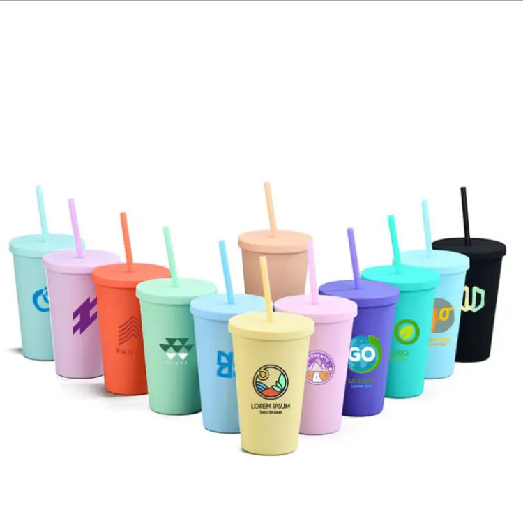 Picture of 16oz Matte Plastic Cups with Lids & Straws