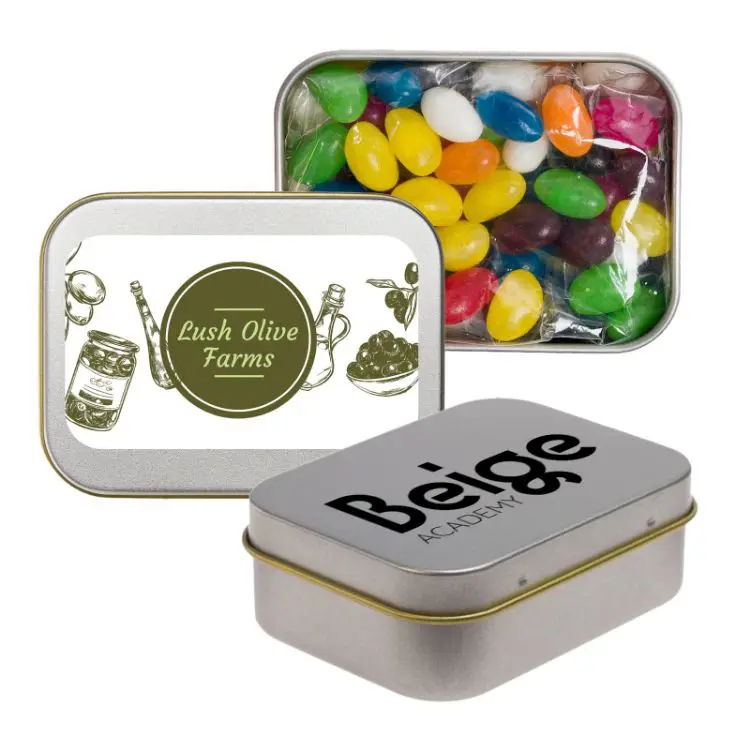 Picture of Assorted Colour Mini Jelly Beans in Silver Rectangular Tin
